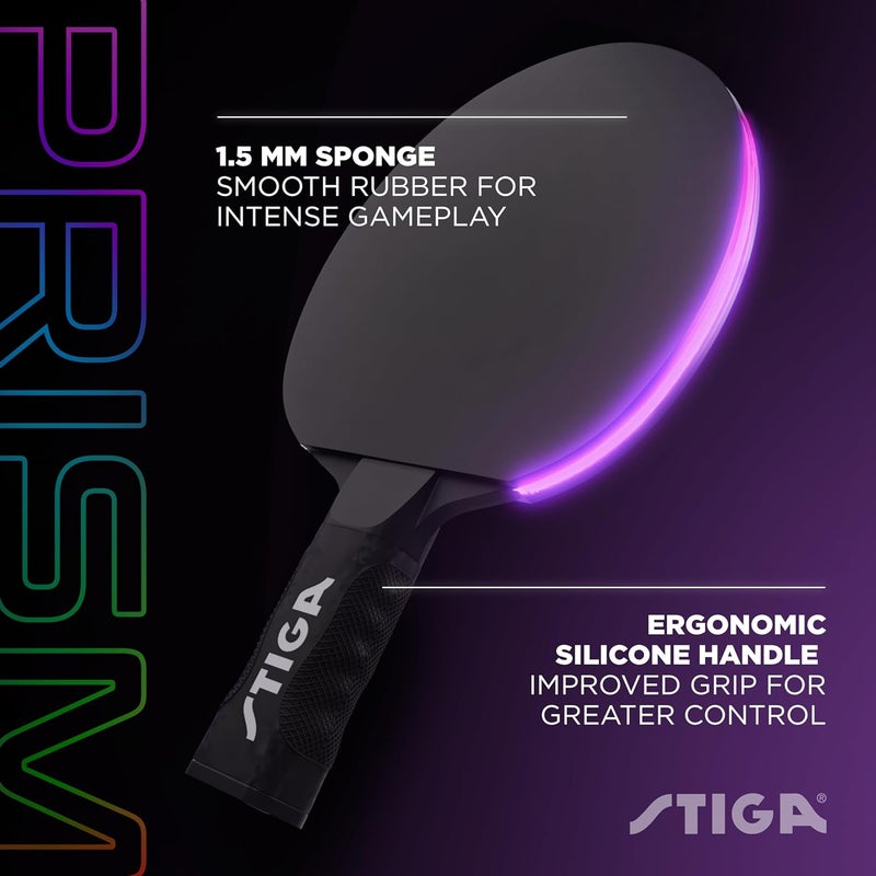 Stiga مضرب تنس طاولة LED بريزم - 5 دورات ألوان LED - وضع تدرج الألوان - يتضمن 3 كرات تتوهج في الظلام - إسفنجة بسمك 1.5 مم مع مطاط ناعم - مقبض سيليكون لأقصى تحكم - Image 4